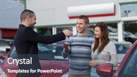  Presentation with salesman - Amazing PPT theme having automotive dealers - salesman giving car keys backdrop and a ocean colored foreground