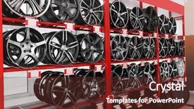  Presentation with alloy - Cool new PPT theme with automotive design - shelves with alloy wheels backdrop and a tawny brown colored foreground
