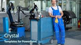  Presentation with auto repair - Amazing slide deck having automotive engineering - smiling male engineer backdrop and a ocean colored foreground