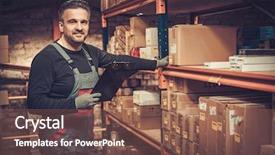  Presentation with bullet list - Audience pleasing presentation theme consisting of automotive logistics - storekeeper with manual picking list backdrop and a violet colored foreground