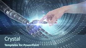  Presentation with touch screen - PPT theme consisting of autonomic computing - hand of man pretending background and a ocean colored foreground