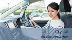  Presentation with autonomous vehicle - PPT theme featuring autonomous vehicle - woman driving car and using background and a seafoam green colored foreground