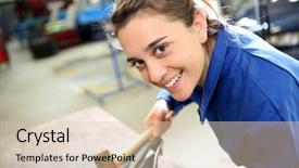  Presentation with car - Theme consisting of autoshop - coachbuilding sudent working on car background and a  colored foreground