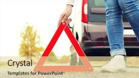  Presentation with patriarchy sexism on warning road - Slide set consisting of autoshop - female driver putting out traffic background and a  colored foreground