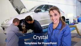  Presentation with mechanics - PPT layouts featuring autoshop - smiling young woman in auto background and a  colored foreground