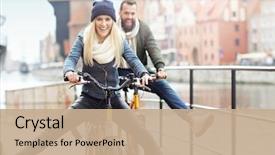  Presentation with fun - Amazing PPT layouts having autumn - young couple riding bikes backdrop and a coral colored foreground