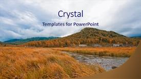  Presentation with autumn morning - PPT theme featuring autumn at mountain village morning fog at river background and a sky blue colored foreground