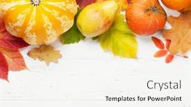  Presentation with leaves flat lay - Audience pleasing PPT theme consisting of autumn background with colorful leaves and pumpkins on wooden backdrop top view with copy space flat lay backdrop and a white colored foreground