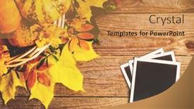  Presentation with memories - Presentation theme enhanced with autumn background with colorful leaves and pumpkins on rustic wooden board creating fall season memories with retro photo cards of photo frames thanksgiving and halloween holidays concept copyspace background and a gold colored foreground