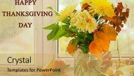  Presentation with happy thanksgiving - Cool new slide deck with autumn bouquet with chrysanthemums flower backdrop and a yellow colored foreground