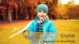  Presentation with wooden toy - Presentation featuring autumn childhood dream leisure and people concept - happy little boy playing with wooden toy plane outdoors background and a gold colored foreground