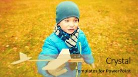  Presentation with wooden toy - Amazing PPT layouts having autumn childhood dream leisure and people concept - happy little boy playing with wooden toy plane outdoors backdrop and a gold colored foreground