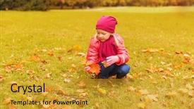  Presentation with maple leaves - Presentation theme featuring autumn childhood happiness and people concept - happy little girl collecting maple leaves outdoors background and a gold colored foreground
