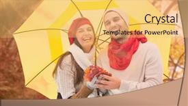  Presentation with tranquil - Presentation theme having autumn couple holding umbrella against tranquil autumn scene in forest background and a yellow colored foreground
