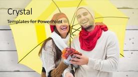  Presentation with autumn wood - PPT theme enhanced with autumn couple holding umbrella against white wood background and a blonde colored foreground