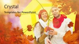  Presentation with abstract light - PPT theme consisting of autumn couple holding umbrella against dark abstract light spot design background and a yellow colored foreground