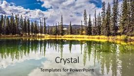 Presentation with water park - PPT theme consisting of autumn day in jasper national park in canada the small superficial lake is surrounded with coniferous forest the smooth surface of water reflects the cloudy sky background and a mint green colored foreground
