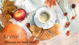  Presentation with fall leaves - Cool new slide deck with autumn fall leaves a hot steaming cup of coffee pumpkin and a warm sweater on a wooden table background backdrop and a coral colored foreground
