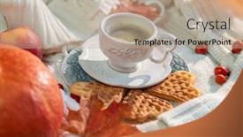  Presentation with fall leaves - Colorful presentation design enhanced with autumn fall leaves a hot steaming cup of coffee pumpkin and a warm sweater on a wooden table background backdrop and a coral colored foreground