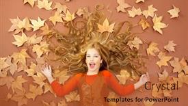  Presentation with fall leaves - PPT theme with autumn fall little blond girl on dried tree leaves background and long spread hair background and a red colored foreground