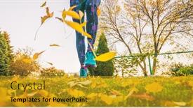  Presentation with running shoes - Beautiful slides featuring autumn-foliage-running-woman backdrop and a gold colored foreground