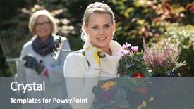  Presentation with old young - Colorful slide set enhanced with autumn garden - old and young women gardening backdrop and a gray colored foreground