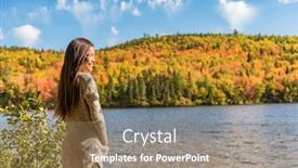  Presentation with autumn view autumn nature - PPT theme having autumn girl at forest lake enjoying watching nature view autumn forest colors woman relaxing at countryside vacation getaway outdoor autumn landscape tranquility background and a coral colored foreground