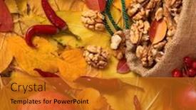  Presentation with harvest - Beautiful presentation theme featuring autumn harvest - fruits and vegetables are on fallen yellow leaves nuts apples pumpkins rowan and pepper perfect background for autumn season backdrop and a gold colored foreground