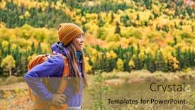  Presentation with outdoor clothes for hiking - Cool new PPT theme with autumn hiker girl outdoor in nature forest lake backpacking for camping travel trip happy asian woman hiking outdoors with bag and hat cold outerwear gear backdrop and a gold colored foreground