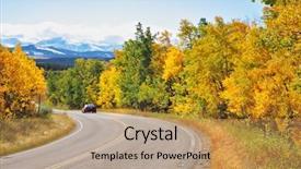  Presentation with road yellow - Beautiful slides featuring autumn in canada the road abruptly turns among trees with yellow and orange foliage backdrop and a coral colored foreground