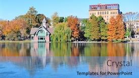  Presentation with autumn blue - Presentation design enhanced with autumn in central park north end in new york city manhattan with buildings lake and colorful foliage with clear blue sky background and a light blue colored foreground