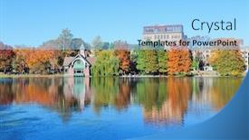  Presentation with autumn blue - PPT layouts consisting of autumn in central park north end in new york city manhattan with buildings lake and colorful foliage with clear blue sky background and a light blue colored foreground