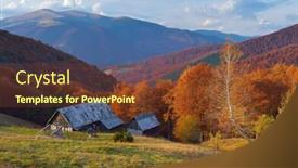  Presentation with hut - Presentation having autumn landscape with colorful forest hut in the mountains sunny day background and a tawny brown colored foreground