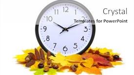 Presentation with fall leaves - Beautiful presentation theme featuring autumn-leaves-and-alarm-clock backdrop and a white colored foreground