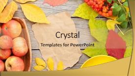  Presentation with autumn wood - Slide set having autumn leaves apple fruits and coffee cup over wood background with copy space background and a coral colored foreground