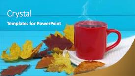  Presentation with autumn blue - Cool new presentation theme with autumn leaves hot steaming cup of coffee on wooden blue background backdrop and a teal colored foreground