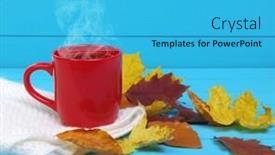  Presentation with autumn blue - Presentation enhanced with autumn leaves hot steaming cup of coffee on wooden blue background background and a cyan colored foreground