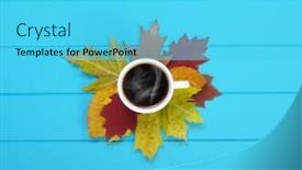  Presentation with autumn blue - Audience pleasing presentation consisting of autumn leaves hot steaming cup of coffee on wooden blue background backdrop and a cyan colored foreground