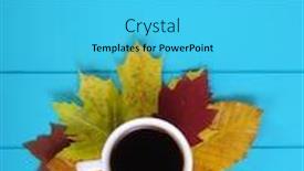  Presentation with autumn blue - Amazing presentation design having autumn leaves hot steaming cup of coffee on wooden blue background backdrop and a cyan colored foreground