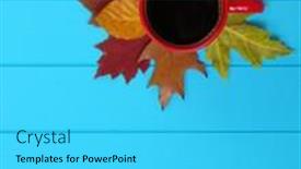  Presentation with autumn blue - PPT layouts consisting of autumn leaves hot steaming cup of coffee on wooden blue background background and a cyan colored foreground