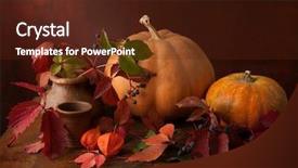  Presentation with pottery - Slides featuring autumn leaves in clay pottery wild berries physalis and a pumpkin on the old wooden table background and a tawny brown colored foreground