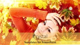  Presentation with fall color - Colorful PPT theme enhanced with autumn-leaves-light-with-girl backdrop and a yellow colored foreground