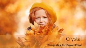  Presentation with children hands - Colorful PPT layouts enhanced with autumn-little-girl-is-posing backdrop and a gold colored foreground