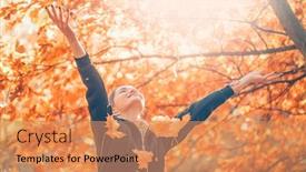  Presentation with girl model - Presentation design enhanced with autumn-model-girl-spinning background and a coral colored foreground