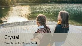  Presentation with fall lake - Slide set with autumn parent with kids walking background and a light gray colored foreground