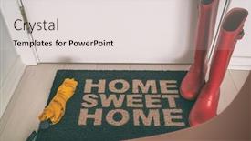  Presentation with rain fall - Colorful presentation theme enhanced with autumn rain boots on entrance door mat at front of house with wet umbrella welcome rug on wooden floor for shoes and winter boots new house condo apartment fall winter concept backdrop and a sky blue colored foreground