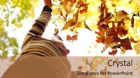  Presentation with drop - Colorful PPT theme enhanced with autumn-woman-drop-hands backdrop and a coral colored foreground