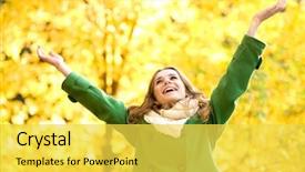  Presentation with woman hands raised to sky - Slide set featuring teenager health - autumn woman standing with arms background and a yellow colored foreground