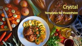  Presentation with wooden board empty table top - Theme having avant garde restaurant - pig cheek recipe on wooden background and a tawny brown colored foreground