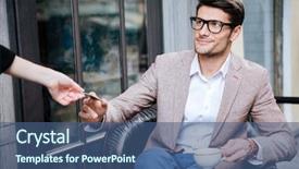  Presentation with credit card - Theme with avant garde restaurant - smiling young man in glasses background and a  colored foreground